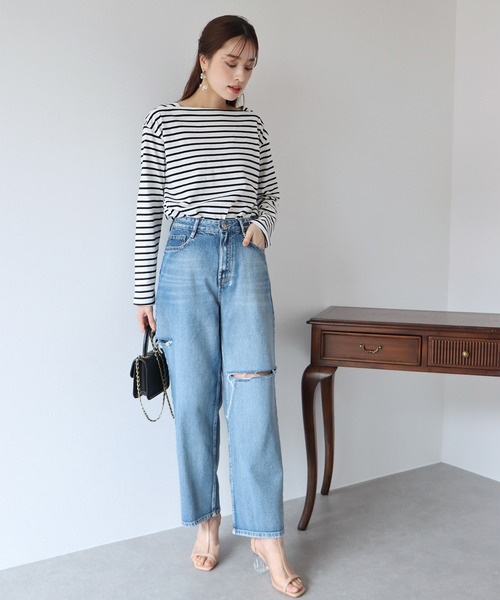 BLUEEAST（ブルーイースト）の「スクエアネックボーダーロンT（Tシャツ/カットソー・レディース・ホワイト/ベージュ/ネイビー/レッド・MEDIUM）」の14枚目の写真