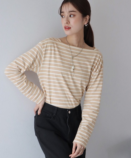 BLUEEAST（ブルーイースト）の「スクエアネックボーダーロンT（Tシャツ/カットソー・レディース・ホワイト/ベージュ/ネイビー/レッド・MEDIUM）」の18枚目の写真