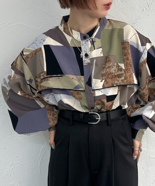 apres jour mignon(アプレジュールミニョン)の「バンドカラーアソート柄シャツ【ZOZOTOWN限定アイテム】(シャツ/ブラウス・レディース・ブラウン系その他/パープル系その他/グリーン系その他/ブルー系その他・フリー/X-LARGE)」の5枚目の写真