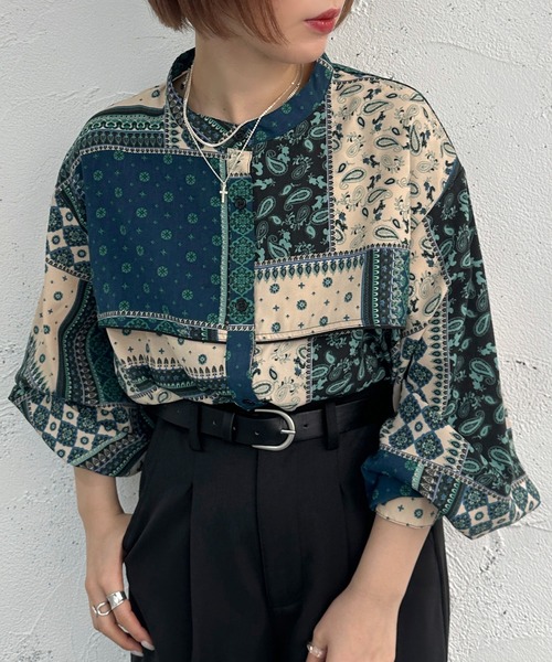 apres jour mignon(アプレジュールミニョン)の「バンドカラーアソート柄シャツ【ZOZOTOWN限定アイテム】(シャツ/ブラウス・レディース・ブラウン系その他/パープル系その他/グリーン系その他/ブルー系その他・フリー/X-LARGE)」の12枚目の写真