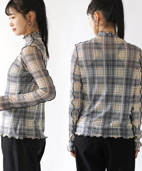 MIMIMEMETE（ミミメメット）の「シアーチェック柄 チュールカットソー（Tシャツ/カットソー・レディース・ライトアッシュグレー/カーキブラウン・M）」の11枚目の写真