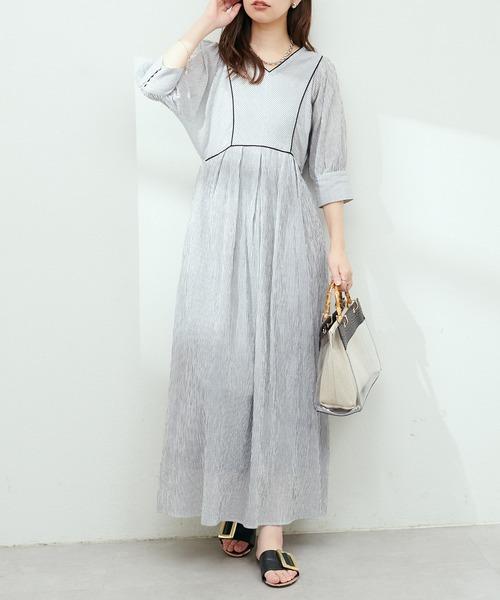 natural couture(ナチュラルクチュール)の「細ストライプ配色コードワンピース(ワンピース・レディース・オフホワイト/オレンジ/ネイビー・MEDIUM/LARGE)」の1枚目の写真