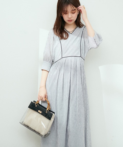 natural couture(ナチュラルクチュール)の「細ストライプ配色コードワンピース(ワンピース・レディース・オフホワイト/オレンジ/ネイビー・MEDIUM/LARGE)」の15枚目の写真