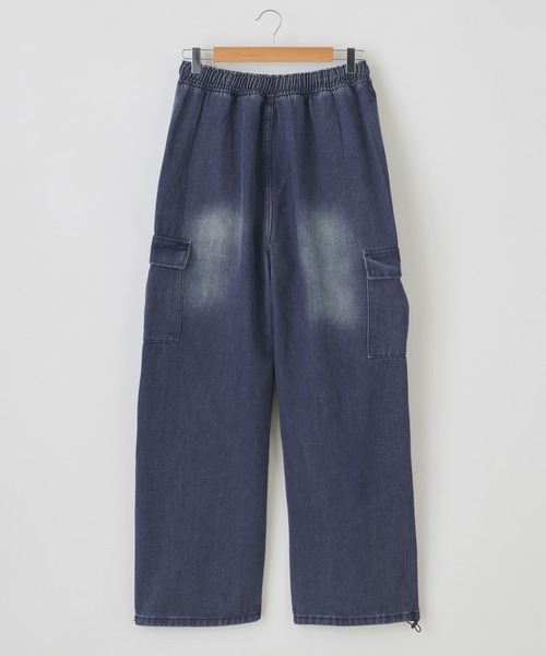サイドポケット裾ドローコードワイドデニムカーゴパンツ（カーゴパンツ
