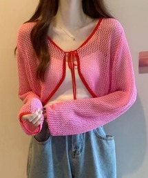 配色メッシュリボンカーディガン
