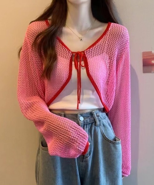 Sibra(シブラ)の「配色メッシュリボンカーディガン(カーディガン/ボレロ・レディース・ピンク/アイボリー/グリーン・M)」の8枚目の写真