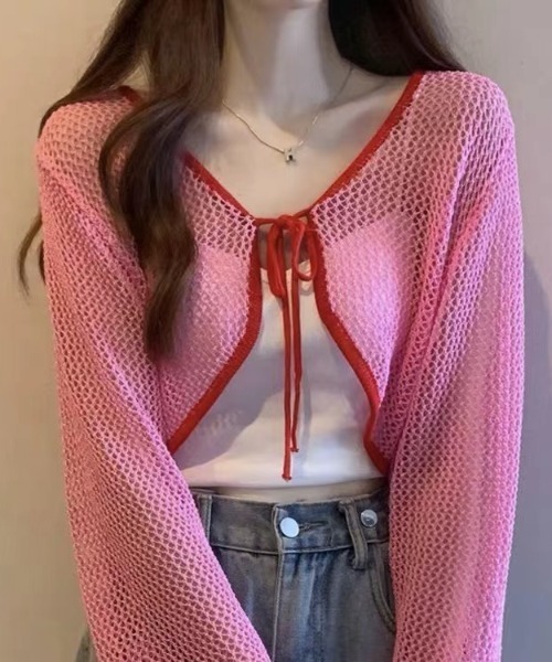 Sibra(シブラ)の「配色メッシュリボンカーディガン(カーディガン/ボレロ・レディース・ピンク/アイボリー/グリーン・M)」の20枚目の写真