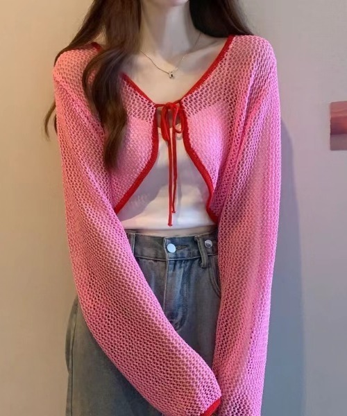 S15701 未使用 マリアピピ フリルヘムボレロカーディガン リボン ピンク セール】リボン付きフリルレーススリーブカーディガン