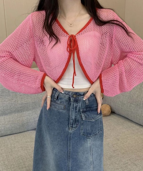 Sibra(シブラ)の「配色メッシュリボンカーディガン(カーディガン/ボレロ・レディース・ピンク/アイボリー/グリーン・M)」の6枚目の写真