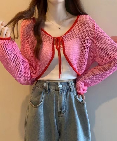 Sibra(シブラ)の「配色メッシュリボンカーディガン(カーディガン/ボレロ・レディース・ピンク/アイボリー/グリーン・M)」の9枚目の写真