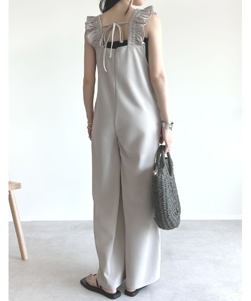 CADUNE フリル袖 オールインワン 34 ブラック AMBIDEX Store △〇キュプラコットンツイル桐生シワ ショート