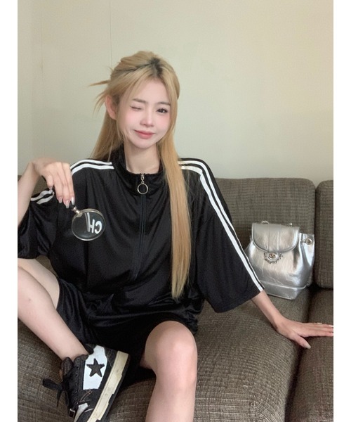 DEVICE（デバイス）の「ダブルライン シンプル トラックジャケット ジャージ セットアップ ルームウェア（ジャージ・レディース・ブラック/ブルー・FREE）」の4枚目の写真