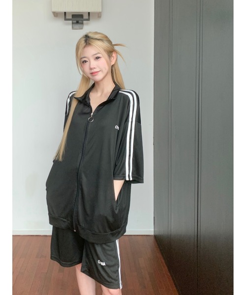 DEVICE（デバイス）の「ダブルライン シンプル トラックジャケット ジャージ セットアップ ルームウェア（ジャージ・レディース・ブラック/ブルー・FREE）」の6枚目の写真