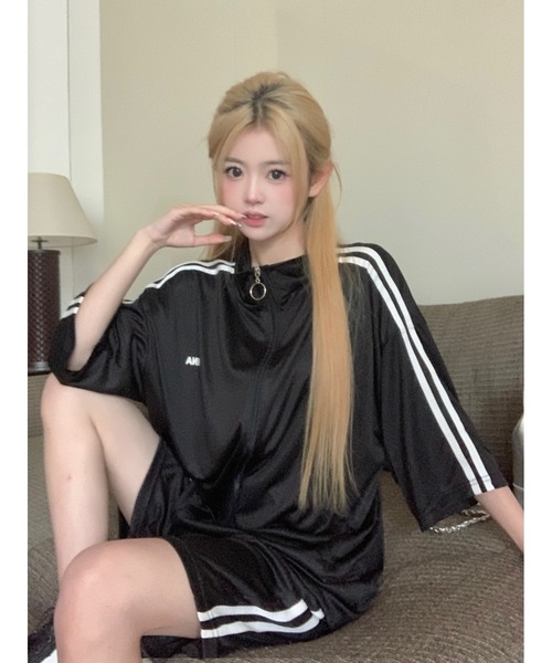 DEVICE（デバイス）の「ダブルライン シンプル トラックジャケット ジャージ セットアップ ルームウェア（ジャージ・レディース・ブラック/ブルー・FREE）」の3枚目の写真