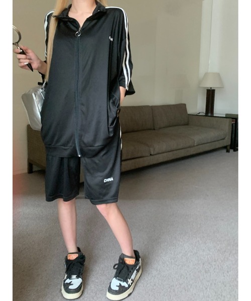 DEVICE（デバイス）の「ダブルライン シンプル トラックジャケット ジャージ セットアップ ルームウェア（ジャージ・レディース・ブラック/ブルー・FREE）」の14枚目の写真