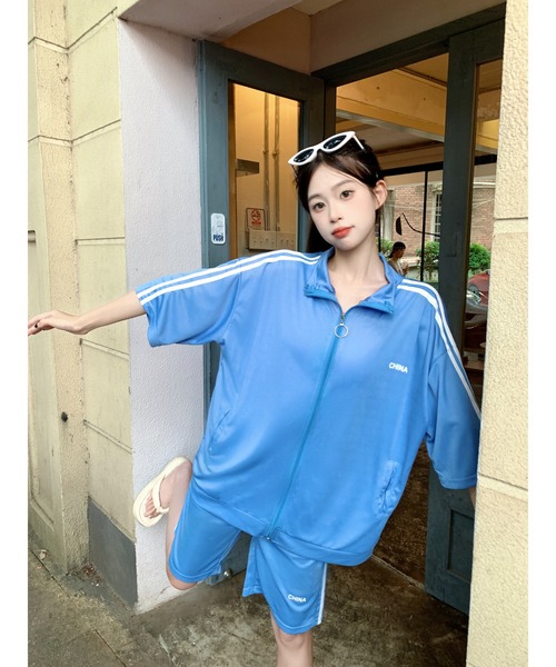 ダブルライン シンプル トラックジャケット ジャージ セットアップ