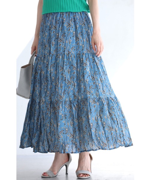 シワ気にならないワッシャー加工のペイズリーブルーロングスカート（スカート）｜CAWAII（カワイイ）