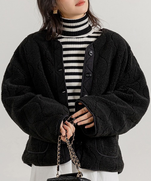 DAY CLOSET(デイ クローゼット)の「【おうちで洗える/ミドル丈】長袖ノーカラーヒョウタンボアキルティングブルゾン レディース(ブルゾン・レディース・ブラック/モカ/アイボリー・FREE)」の1枚目の写真