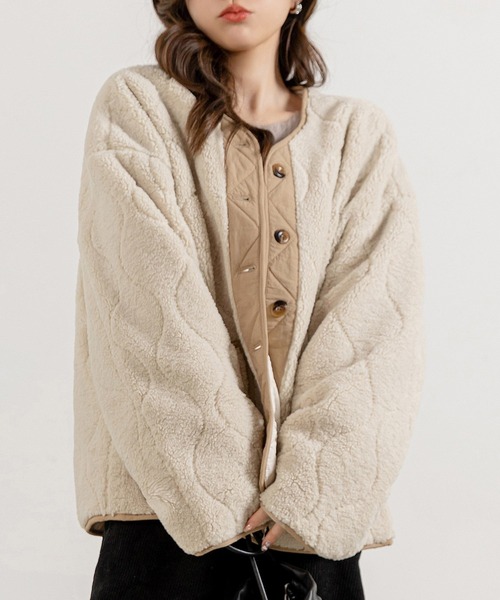 DAY CLOSET(デイ クローゼット)の「【おうちで洗える/ミドル丈】長袖ノーカラーヒョウタンボアキルティングブルゾン レディース(ブルゾン・レディース・ブラック/モカ/アイボリー・FREE)」の5枚目の写真