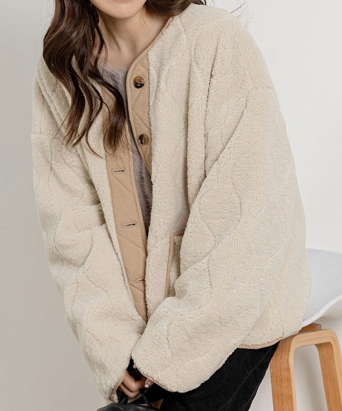 DAY CLOSET(デイ クローゼット)の「【おうちで洗える/ミドル丈】長袖ノーカラーヒョウタンボアキルティングブルゾン レディース(ブルゾン・レディース・ブラック/モカ/アイボリー・FREE)」の8枚目の写真