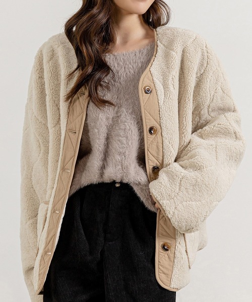 DAY CLOSET(デイ クローゼット)の「【おうちで洗える/ミドル丈】長袖ノーカラーヒョウタンボアキルティングブルゾン レディース(ブルゾン・レディース・ブラック/モカ/アイボリー・FREE)」の4枚目の写真