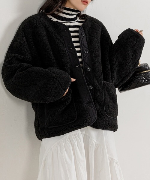 DAY CLOSET(デイ クローゼット)の「【おうちで洗える/ミドル丈】長袖ノーカラーヒョウタンボアキルティングブルゾン レディース(ブルゾン・レディース・ブラック/モカ/アイボリー・FREE)」の16枚目の写真