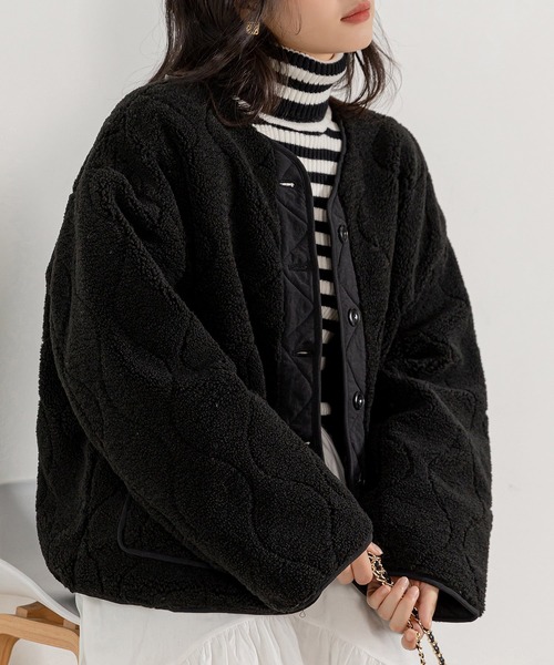 DAY CLOSET(デイ クローゼット)の「【おうちで洗える/ミドル丈】長袖ノーカラーヒョウタンボアキルティングブルゾン レディース(ブルゾン・レディース・ブラック/モカ/アイボリー・FREE)」の17枚目の写真