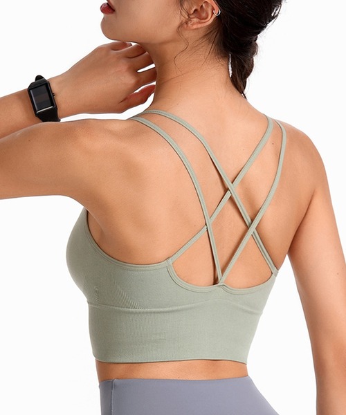 HYSSHOP（エイチワイエスショップ）の「レディース バッククロスアンダーリブビスチェ風ヨガウェアピラティストップス カップ付き ブラトップ[トレーニングウェア/ジムウェア/ピラティスウェア]（スポーツブラ・レディース・ホワイト/グリーン/チョコ/グレー/パープル/ブラック/ネイビー・L/M/XL/S）」の5枚目の写真