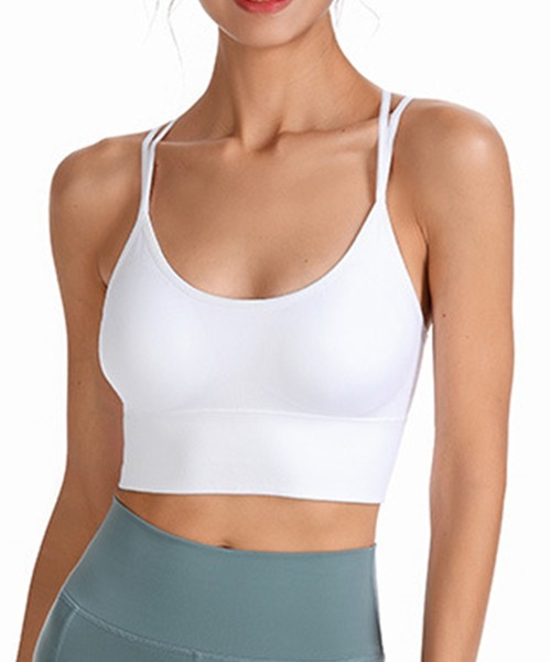 HYSSHOP（エイチワイエスショップ）の「レディース バッククロスアンダーリブビスチェ風ヨガウェアピラティストップス カップ付き ブラトップ[トレーニングウェア/ジムウェア/ピラティスウェア]（スポーツブラ・レディース・ホワイト/グリーン/チョコ/グレー/パープル/ブラック/ネイビー・L/M/XL/S）」の9枚目の写真