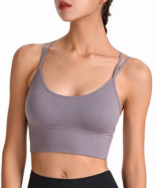 HYSSHOP（エイチワイエスショップ）の「レディース バッククロスアンダーリブビスチェ風ヨガウェアピラティストップス カップ付き ブラトップ[トレーニングウェア/ジムウェア/ピラティスウェア]（スポーツブラ・レディース・ホワイト/グリーン/チョコ/グレー/パープル/ブラック/ネイビー・L/M/XL/S）」の19枚目の写真