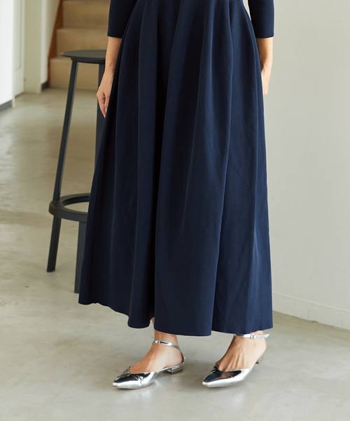 【美品】VERMEIL par iena フォルムニットフレンチワンピース　青 フォルムニットフレアワンピース（ワンピース）｜VERMEIL par