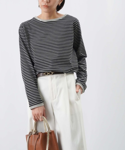 LUCA/LADY LUCK LUCA（ルカ/レディラックルカ）の「LC/LLL ボーダーニットリブロングスリーブTシャツ / パイピングボーダーカットソー（Tシャツ/カットソー・レディース・ピンク/ブラック/オフホワイト・FREE）」の2枚目の写真