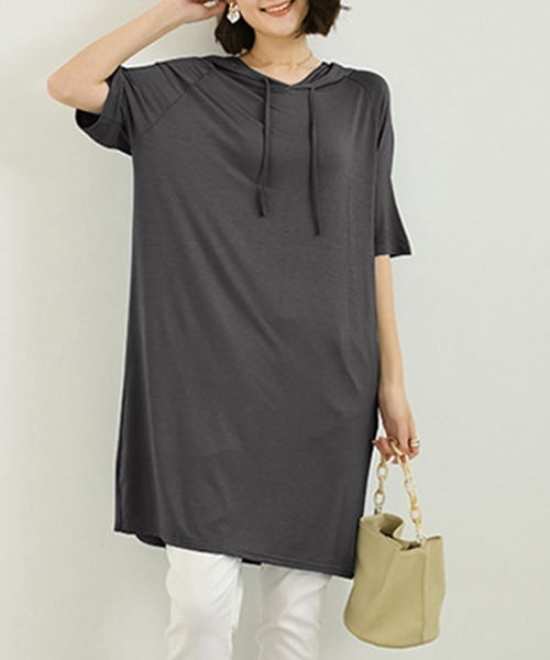 Miniministore(ミニミニストア)の「無地 ロング丈 Tシャツ ワンピース 夏(Tシャツ/カットソー・レディース・ダークグレー/ネイビー/ブラウン/レッド/ブルー/ブラック・FREE)」の3枚目の写真