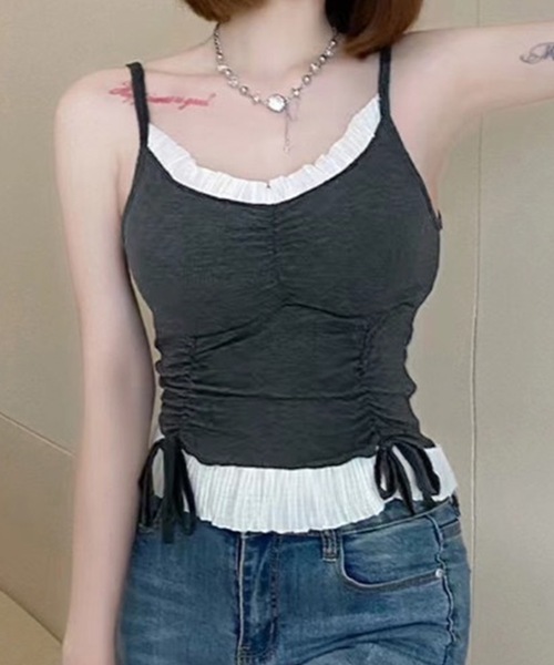 Lace Ladies（レースレディース）の「シャーリング リボン カップ付き ギャザー キャミソール（キャミソール・レディース・グレー/アイボリー/ブラック/モカ・FREE）」の3枚目の写真