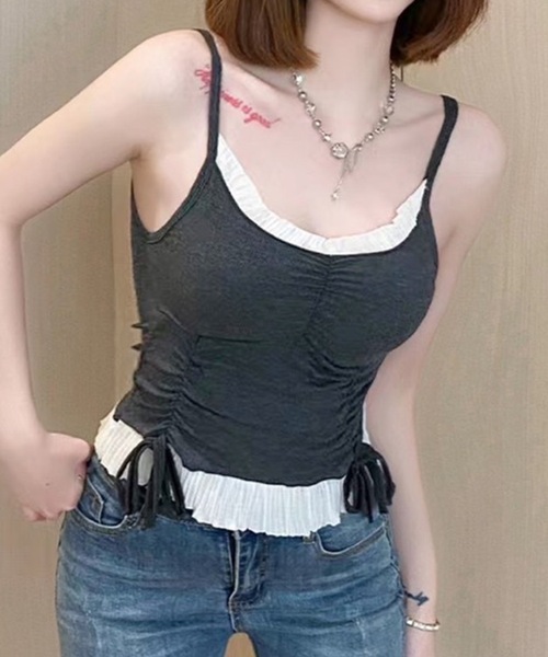 Lace Ladies（レースレディース）の「シャーリング リボン カップ付き ギャザー キャミソール（キャミソール・レディース・グレー/アイボリー/ブラック/モカ・FREE）」の8枚目の写真