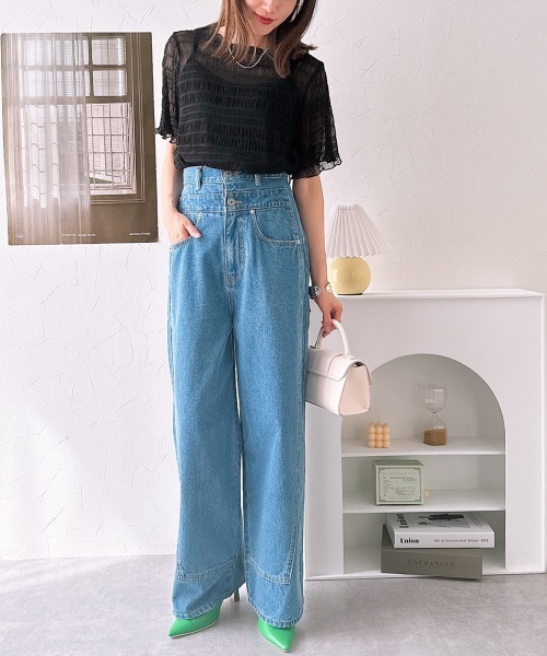 nissen（ニッセン）の「ハイウエストオーバーラップワイドデニムパンツ（デニムパンツ・レディース・ブルー系/ホワイト系・M/L/LL）」の17枚目の写真