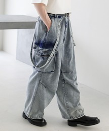 メタルジップサスペンダーオーバードレープデニムパンツ