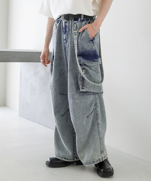セール】メタルジップサスペンダーオーバードレープデニムパンツ
