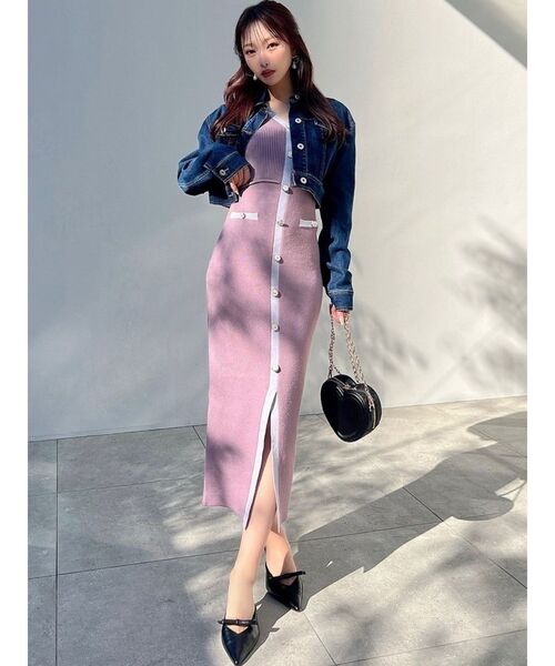 FOXY ✨良品✨ バイカラー ノースリーブ ワンピース ビジュー ボタン 40 FOXY ✨良品✨ バイカラー ノースリーブ ワンピース ビジュー