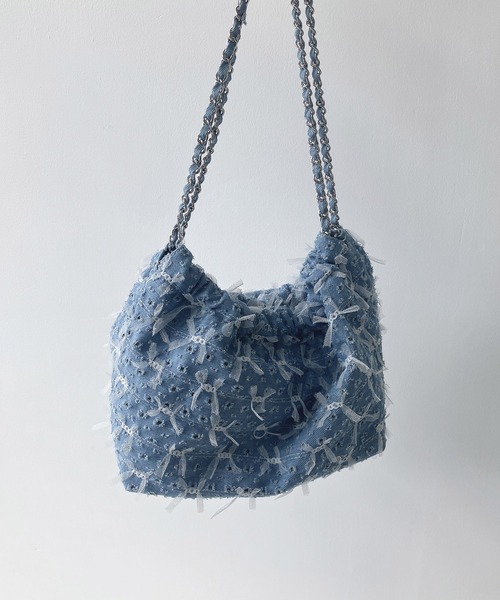 ブラックWデニム♡刺繍のリボンバッグ♡ストーン付き ブラックWデニム♡刺繍のリボンバッグ♡ストーン付き ブラックW