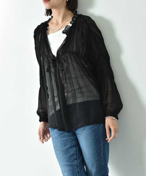 INTERPLANET（インタープラネット）の「シフォン楊柳シャーリングブラウス（シャツ/ブラウス・レディース・アイボリー/ブラック・FREE）」の18枚目の写真