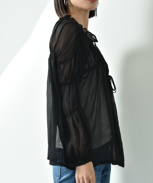 INTERPLANET（インタープラネット）の「シフォン楊柳シャーリングブラウス（シャツ/ブラウス・レディース・アイボリー/ブラック・FREE）」の19枚目の写真