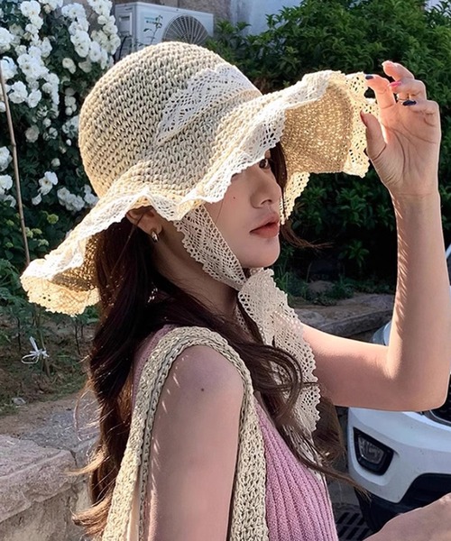 セール】【 MEMECLE / メメクル 】レースリボン付き つば広 麦わら帽子