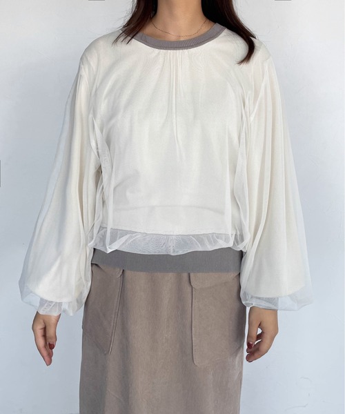 ketty cherie(ケティシェリー)の「チュールギャザーレイヤーニットトップス≪手洗い可能≫(ニット/セーター・レディース・グレー/オフホワイト・M)」の3枚目の写真