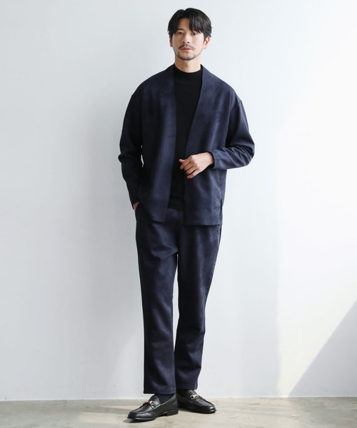 即完売 SPUネイビー ピーチスキン カーディガン ＆ パンツ セットアップ セール】【セットアップ2点セット】ピーチスキンポンチ ノーカラー