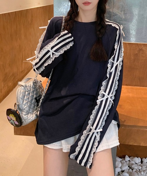Mejoul(メジュール)の「サイドラインレースリボン付き オーバーサイズロンT(Tシャツ/カットソー・レディース・ネイビー/ブラック/ホワイト・F)」の13枚目の写真