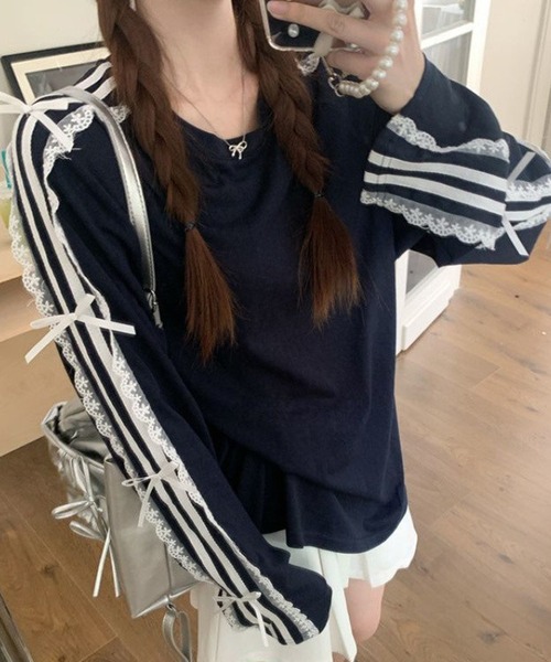 Mejoul(メジュール)の「サイドラインレースリボン付き オーバーサイズロンT(Tシャツ/カットソー・レディース・ネイビー/ブラック/ホワイト・F)」の19枚目の写真