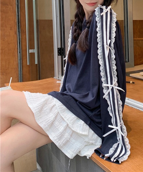 Mejoul(メジュール)の「サイドラインレースリボン付き オーバーサイズロンT(Tシャツ/カットソー・レディース・ネイビー/ブラック/ホワイト・F)」の5枚目の写真