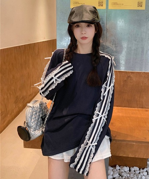 Mejoul(メジュール)の「サイドラインレースリボン付き オーバーサイズロンT(Tシャツ/カットソー・レディース・ネイビー/ブラック/ホワイト・F)」の21枚目の写真