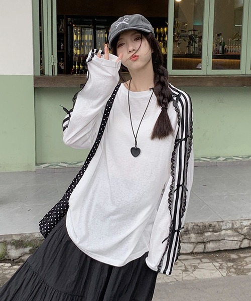 Mejoul(メジュール)の「サイドラインレースリボン付き オーバーサイズロンT(Tシャツ/カットソー・レディース・ネイビー/ブラック/ホワイト・F)」の22枚目の写真